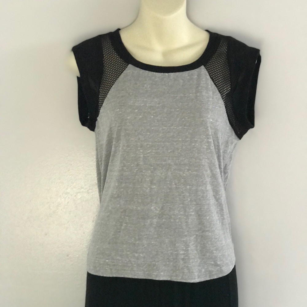 LOVE FIRE Gray Tee with Black Fishnet Cap Sleeves